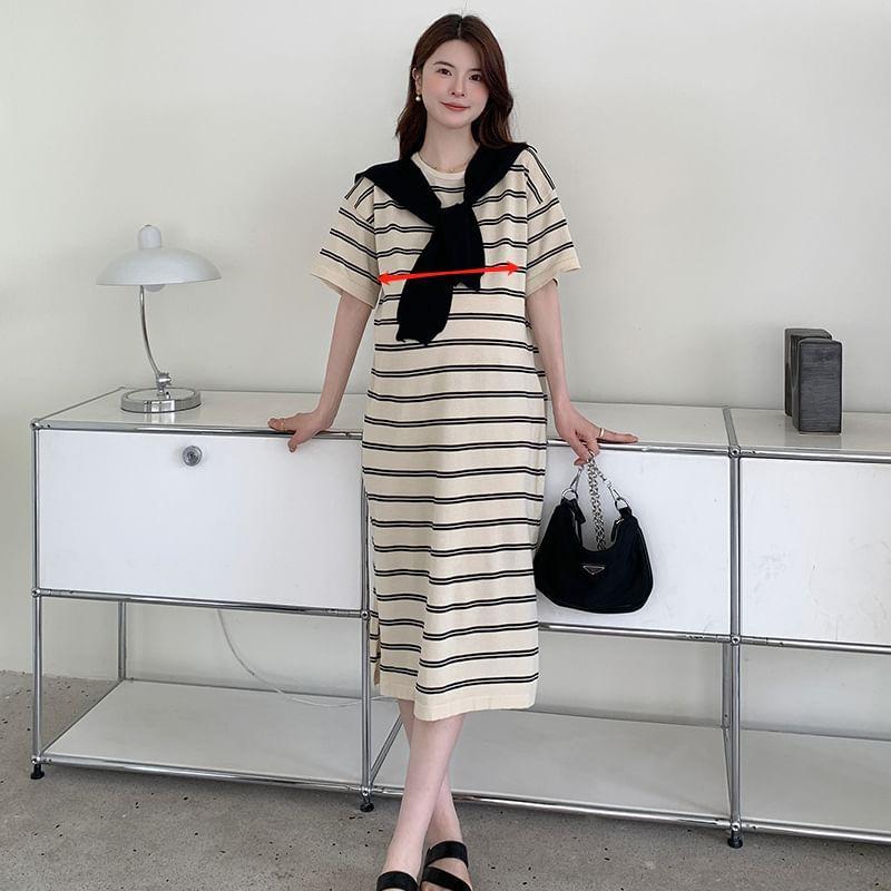 Maternity Set: Short-Sleeve Crew Neck Striped Midi T-Shirt Dress + Shawl (Various Designs) Product Image