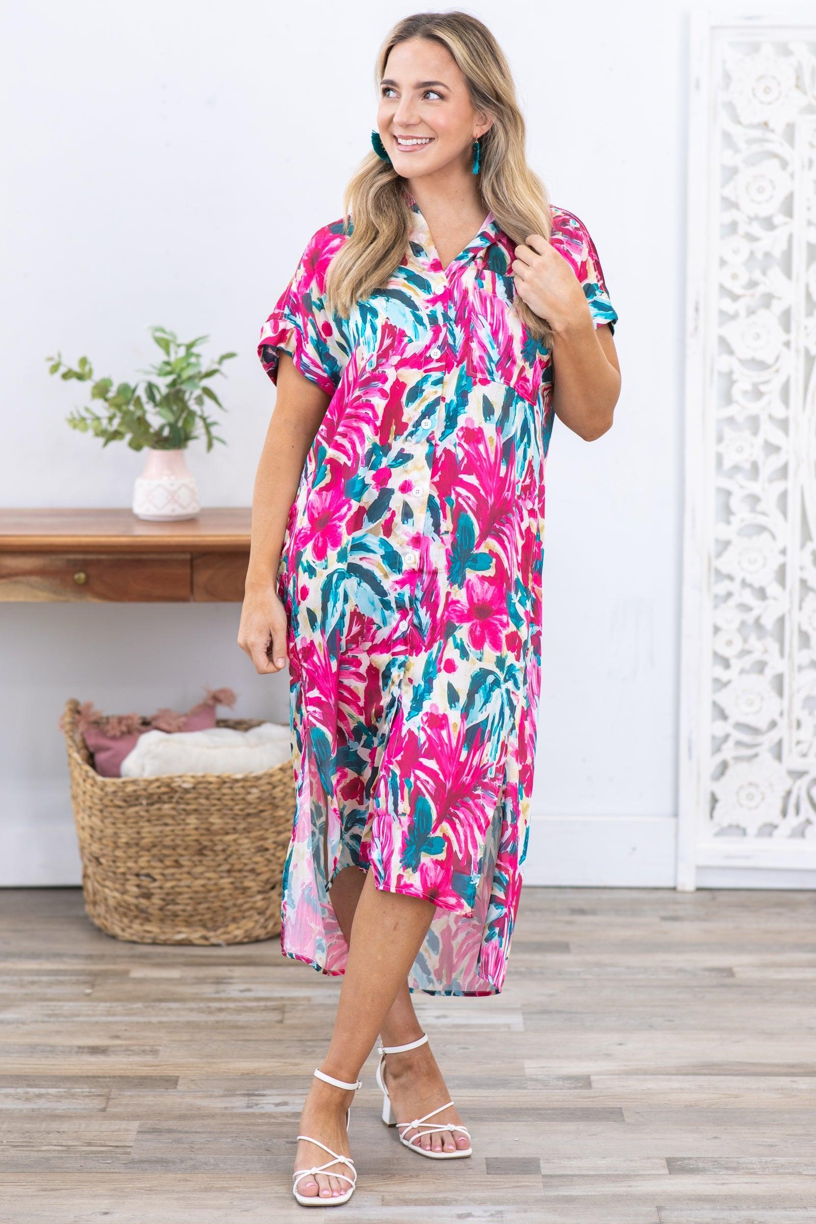 Fuchsia Tropical Print Button Down Shirt Dress Product Image