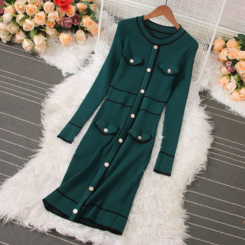 Long-Sleeve Striped Knit Midi Sheath Dress Product Image