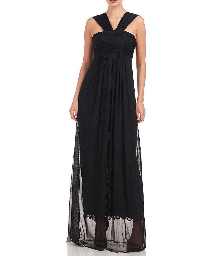 JS Collections Beaded Embroidery V-Neck Sleeveless Mesh Drape Overlay A-Line Gown Product Image