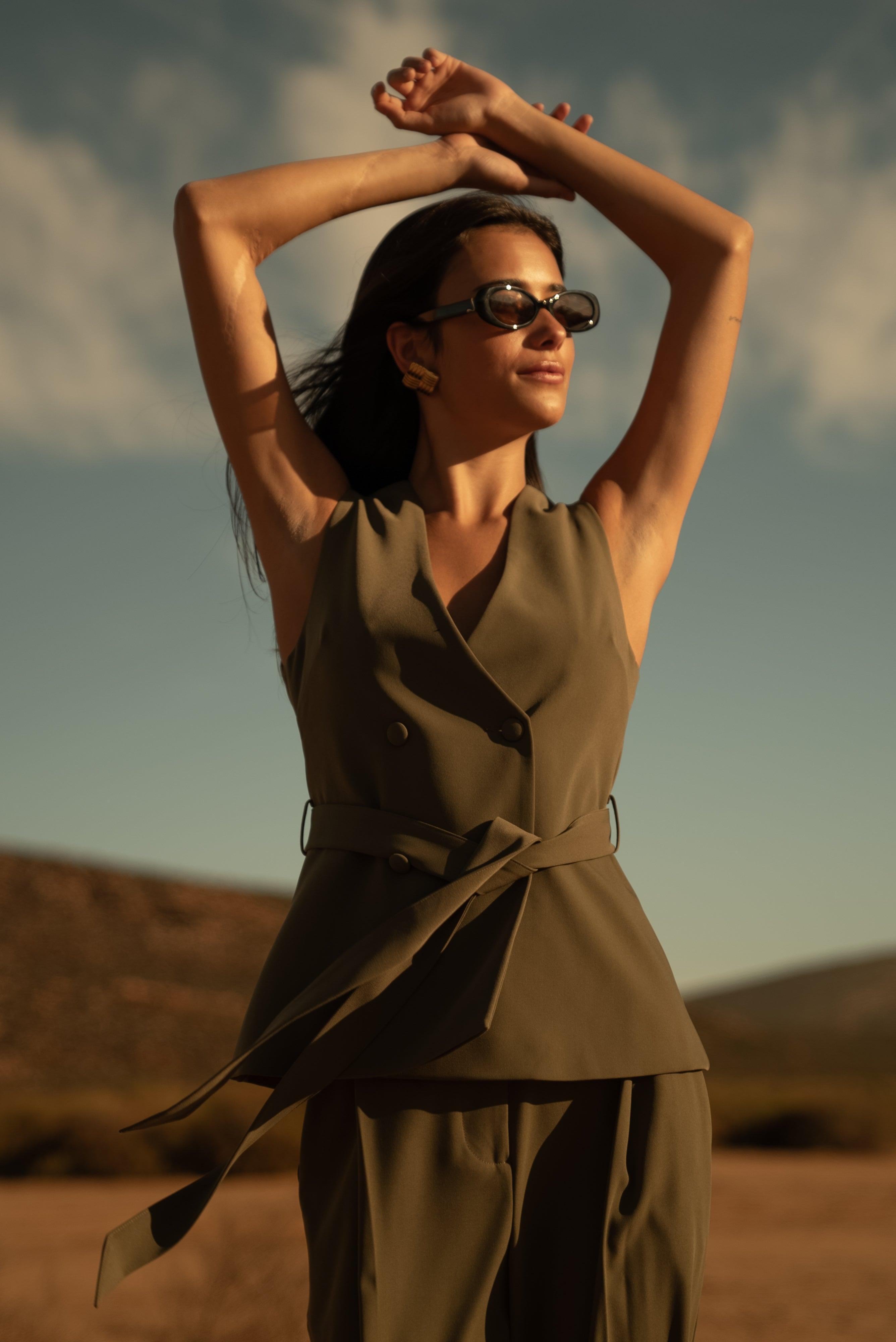 Amelie Suiting Longline Vest - Military Olive Product Image