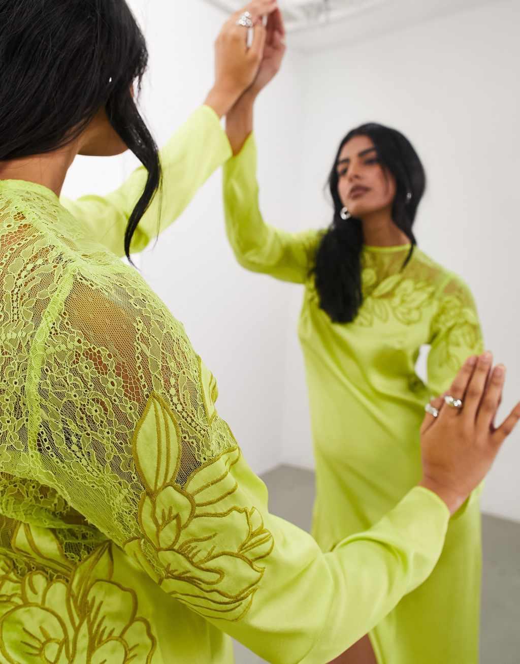 ASOS EDITION embroidered lace paneled long sleeve column maxi dress in lime Product Image