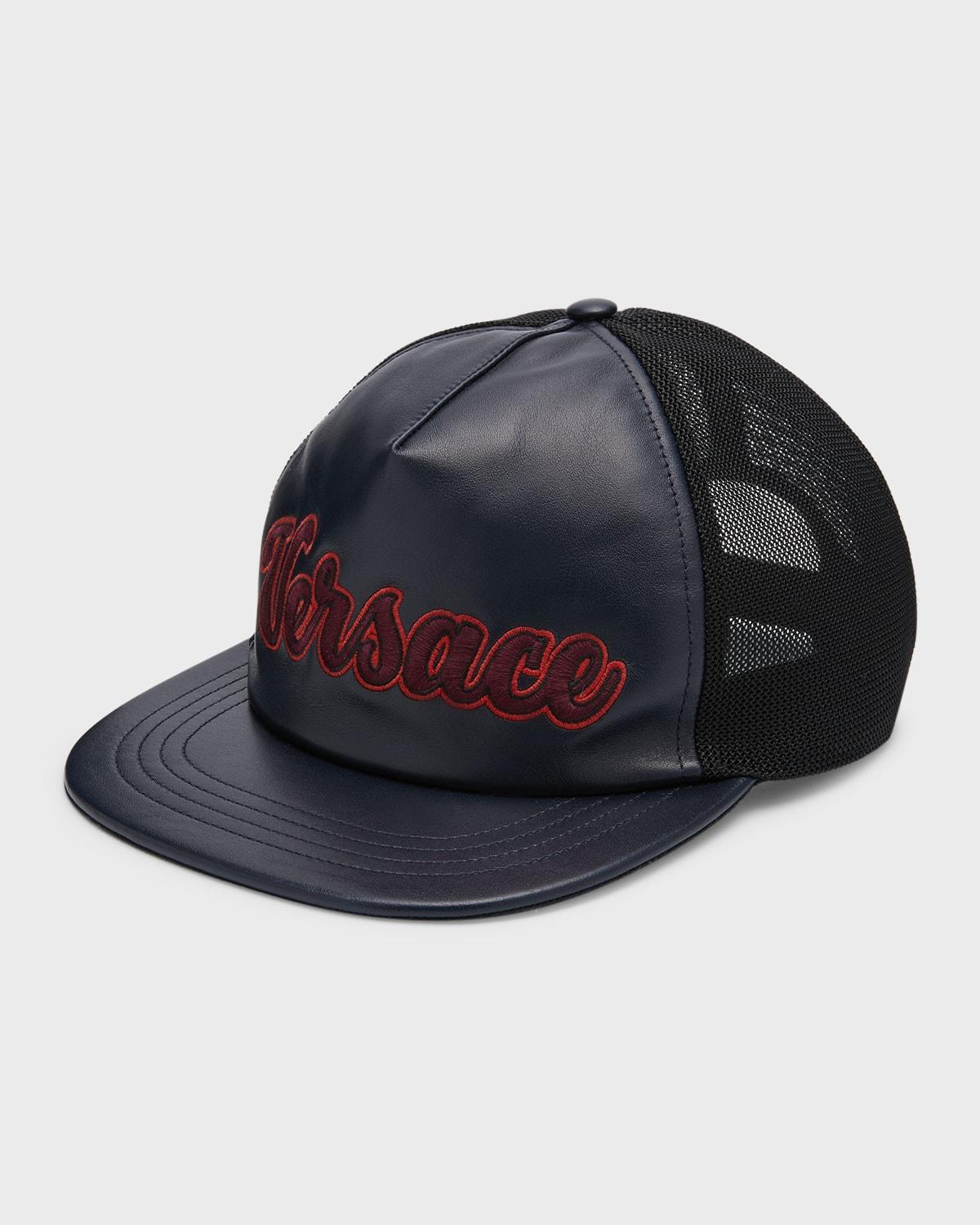 Versace Men's Leather Logo Trucker Hat - Size: 60cm (7 1/2 US) - Navy Black Product Image