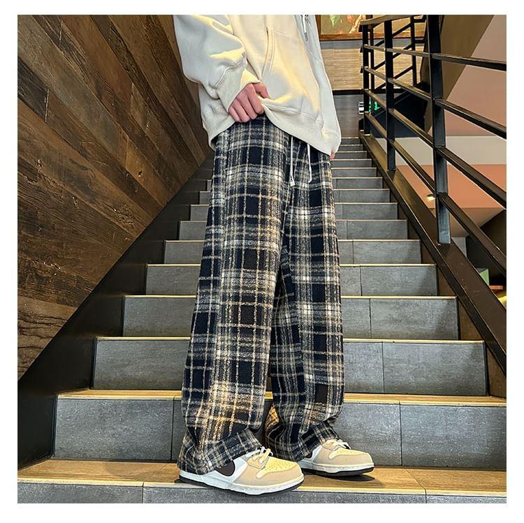 High Waist Plaid Wide Leg Pants Product Image