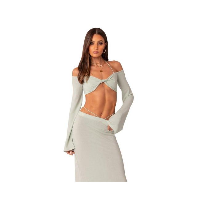 EDIKTED Celeste Off the Shoulder Twist Long Sleeve Crop Top in Green at Nordstrom, Size Large Product Image