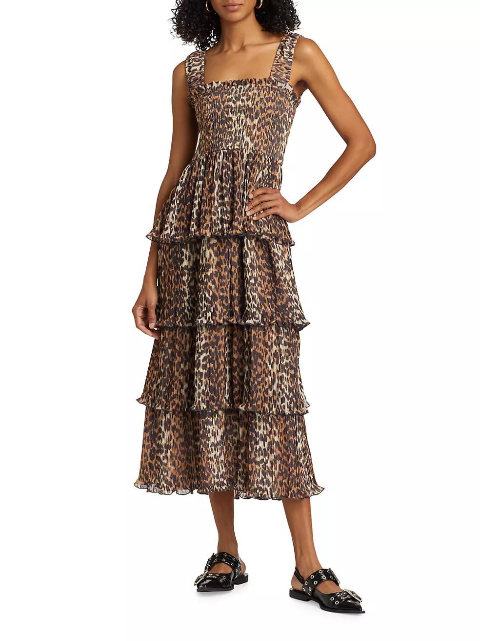 Leopard Smocked Flounce Midi-Dress Product Image