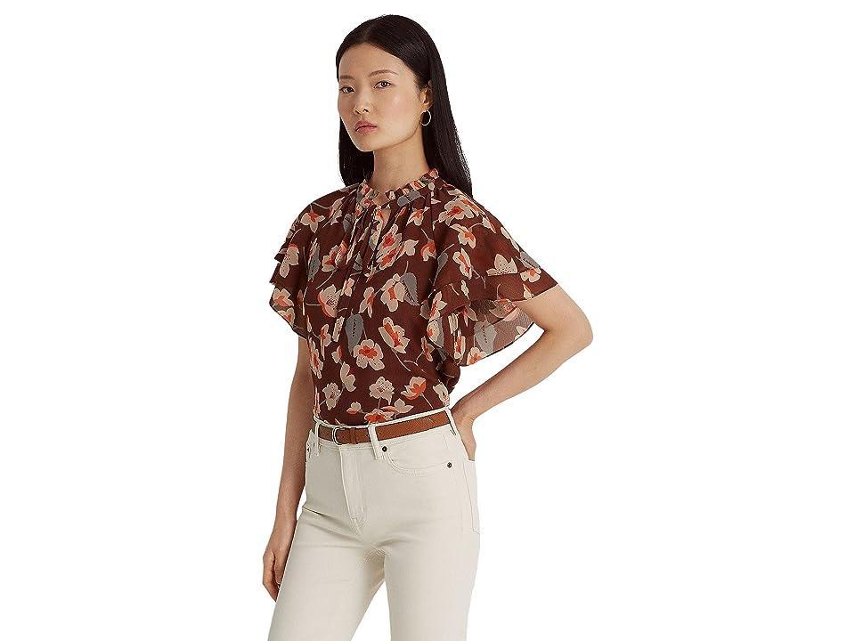 Lauren Ralph Lauren Floral Crinkle Georgette Tie Neck Blouse (Maroon/Orange/Cream) Women's Clothing Product Image