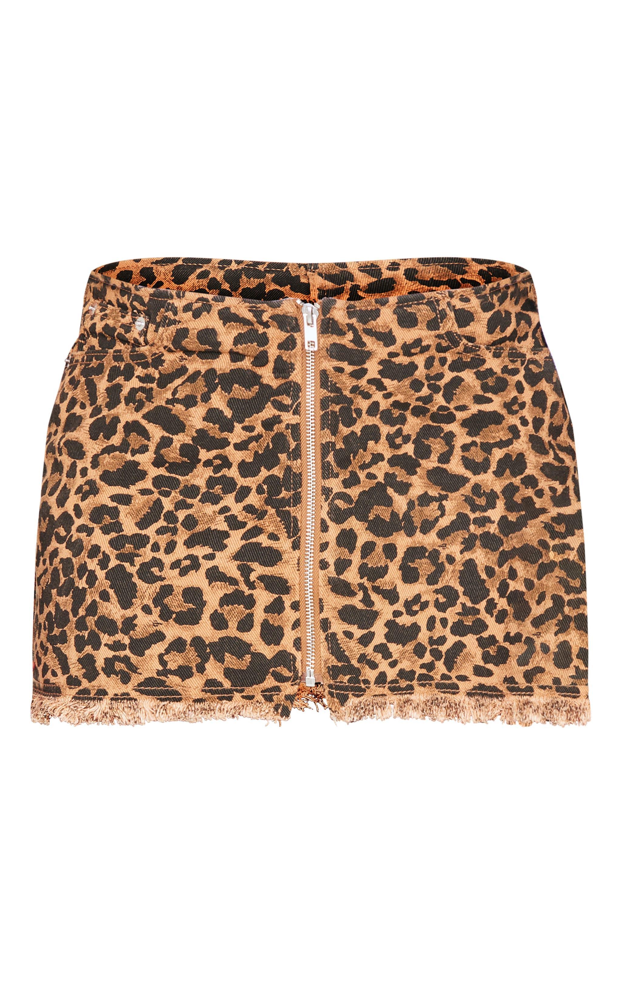 Brown Leopard Print Zip Front Denim Mini Skirt Product Image