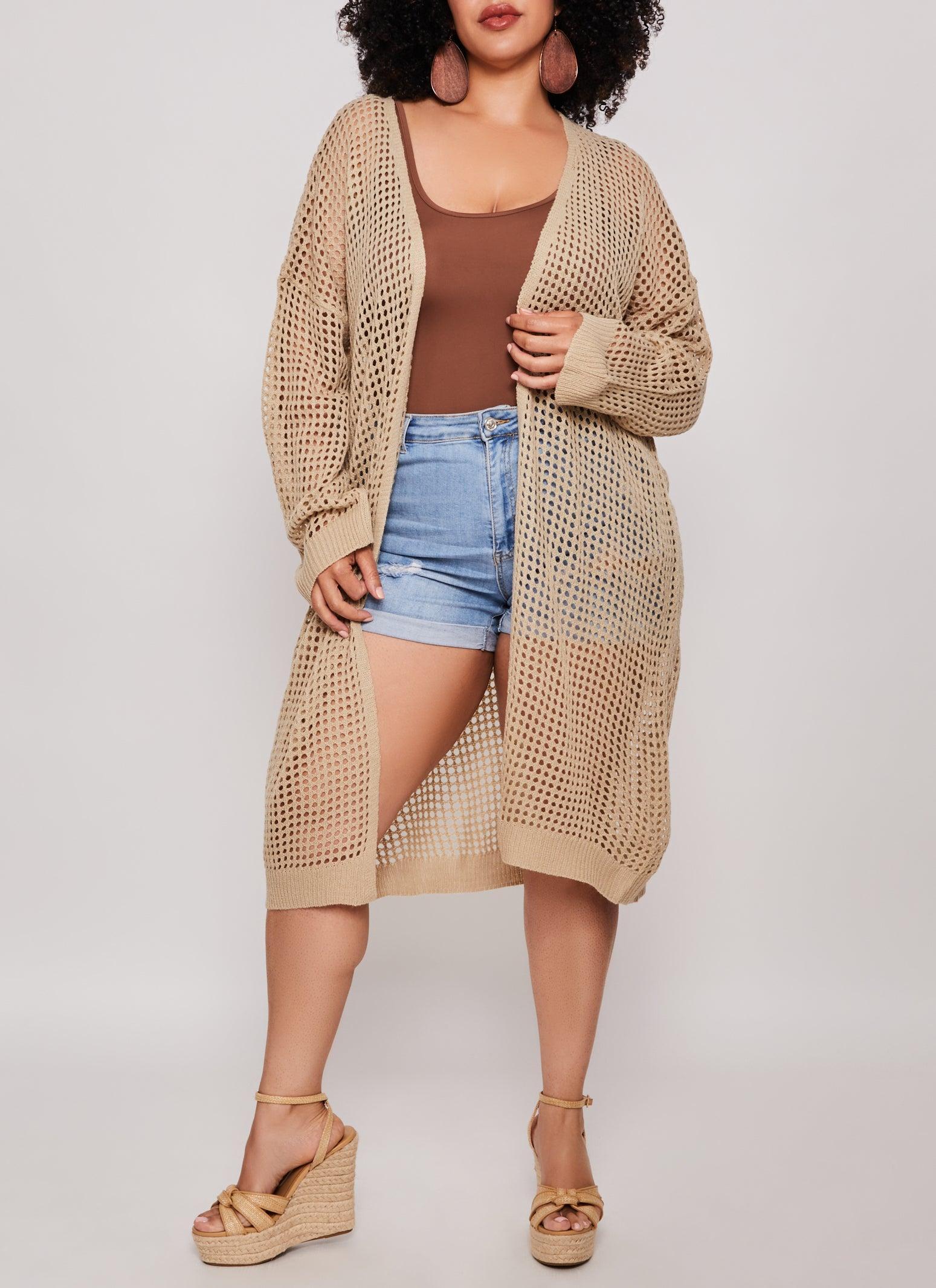 Womens Plus Size Crochet Open Front Long Sleeve Duster Product Image