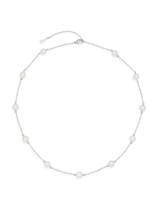 Womens 18K White Gold & 6MM Cultured Akoya Pearl Station Necklace Product Image