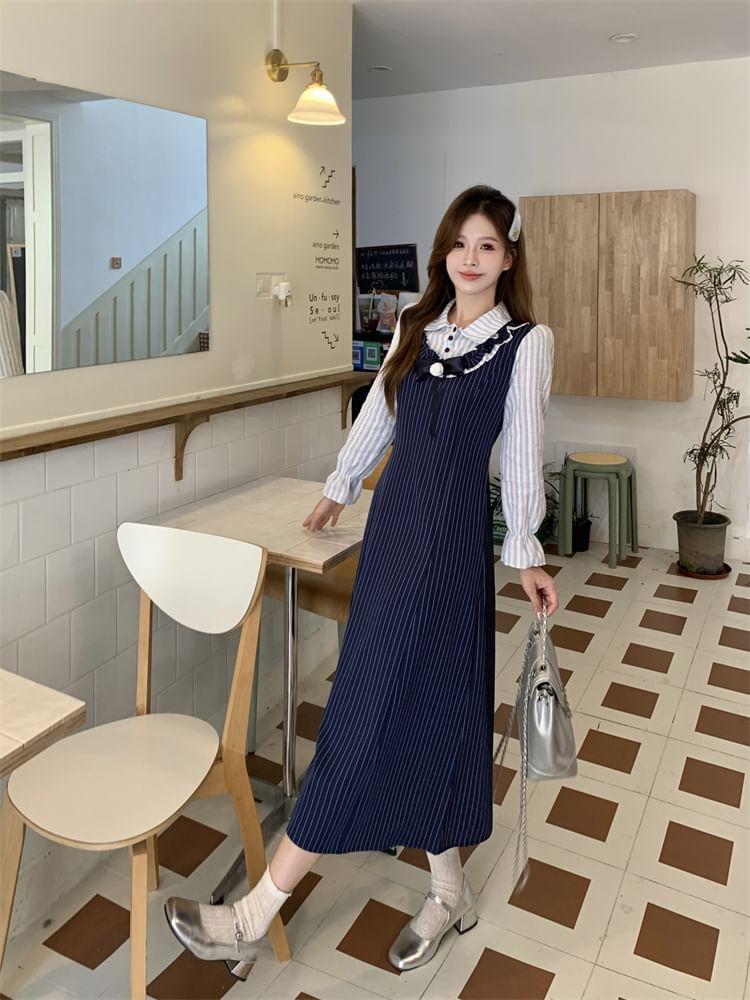 Mock Two-Piece Long-Sleeve Collar Striped Bow Midi A-Line Dress Product Image