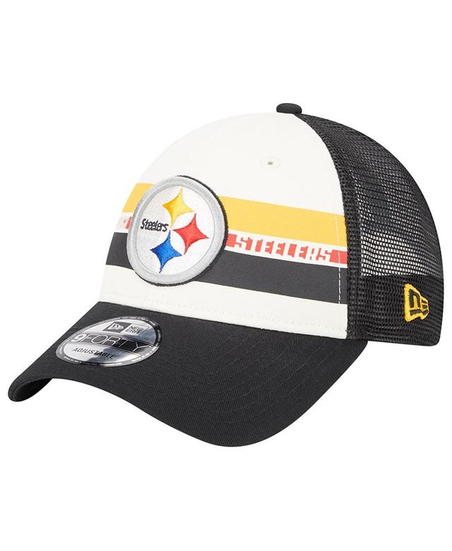 Mens New Era Cream Pittsburgh Steelers Team Stripe Trucker 9FORTY Snapback Hat - Cream Product Image