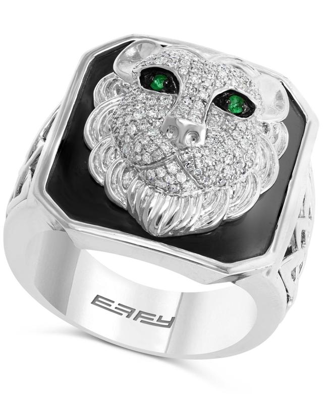 Effy Mens Diamond (1/2 ct. t.w.) & Emerald Accent Black Enamel Lion Ring in Sterling Silver Product Image