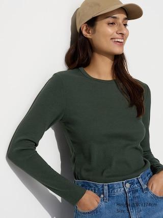 Womens Soft Ribbed Crew Neck Long Sleeve T-Shirt Dark Green 2XL UNIQLO US Product Image