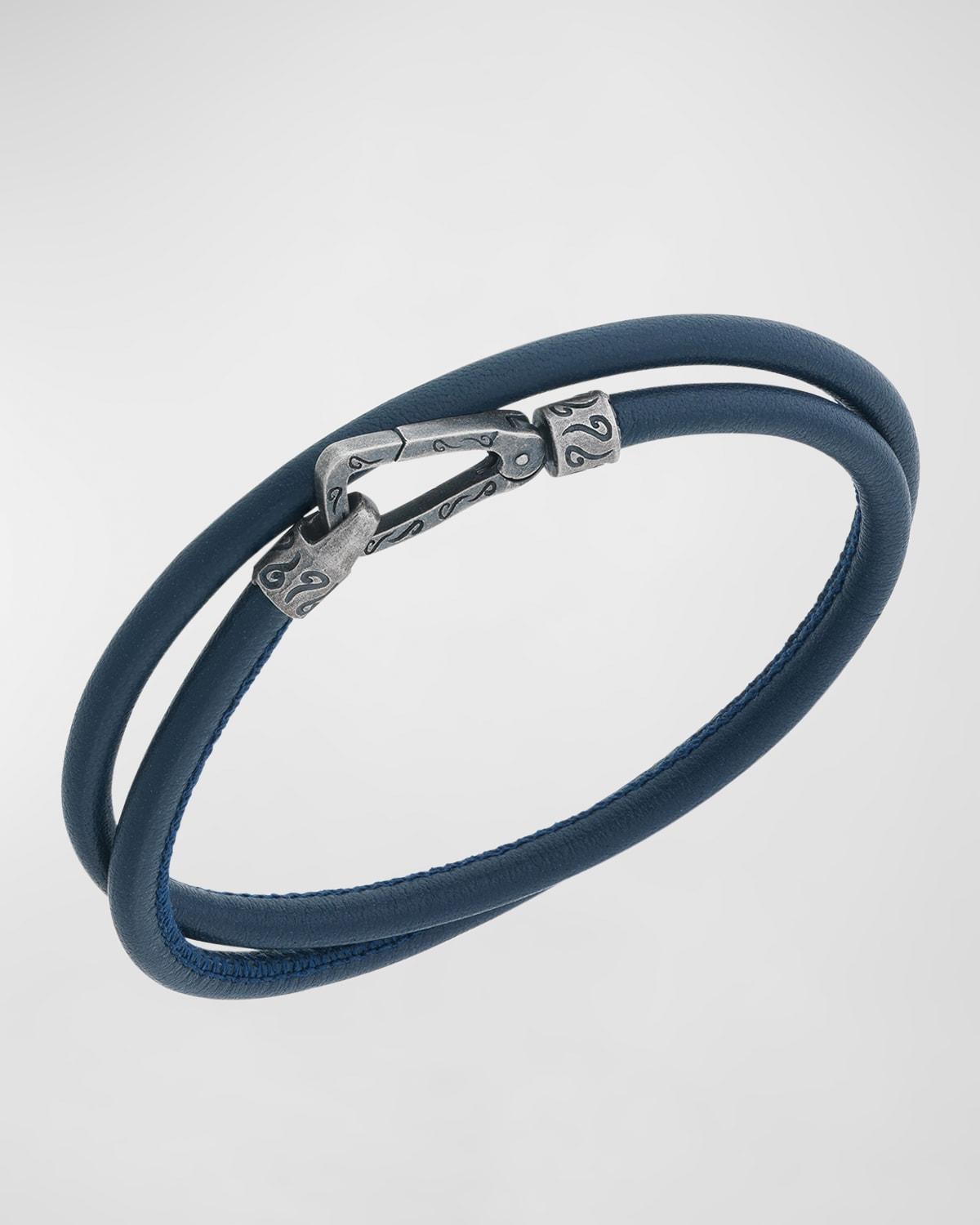 Mens Leather Double-Wrap Bracelet, Blue Product Image