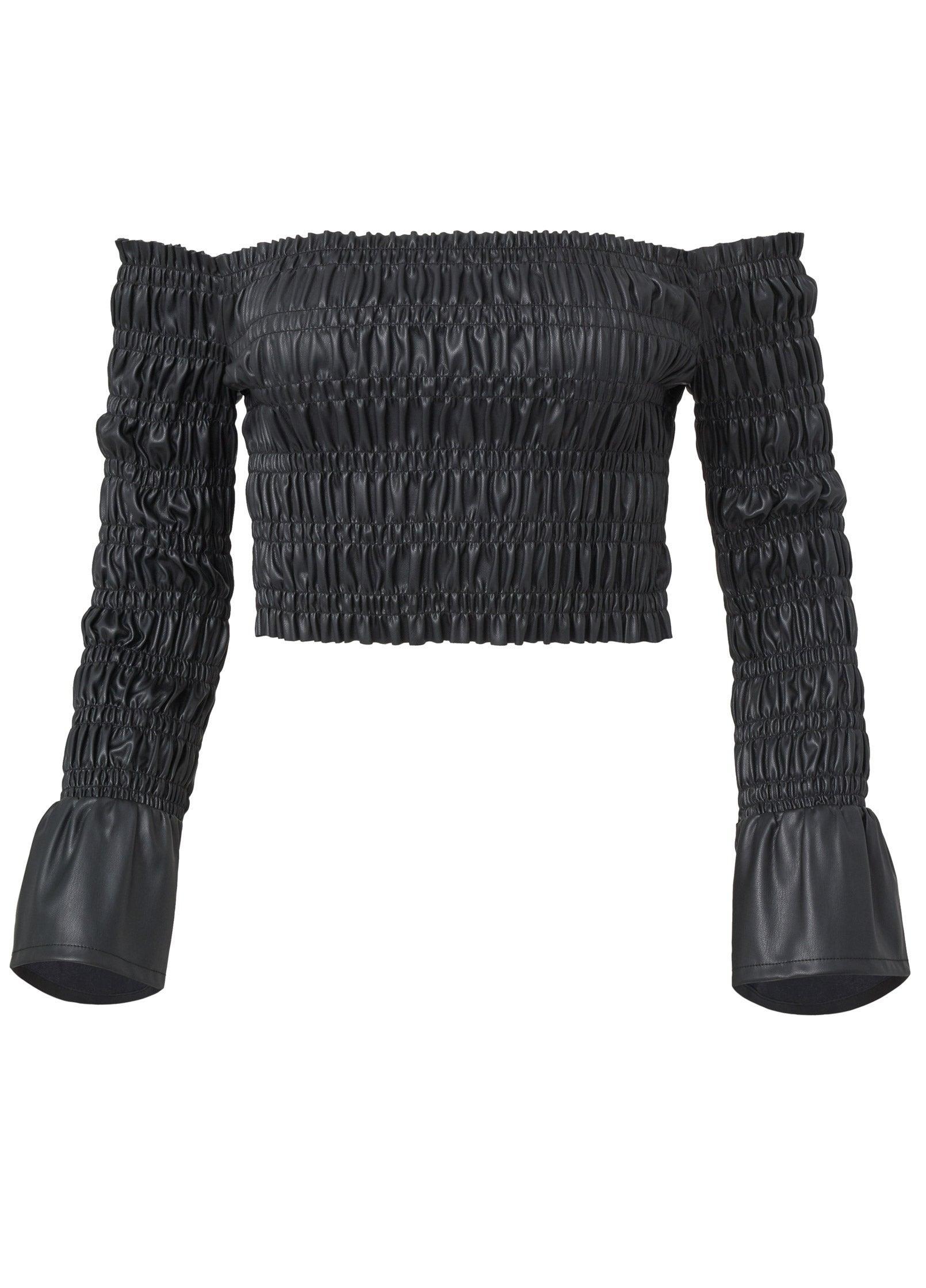 Faux Leather Smocked Top - Black Product Image