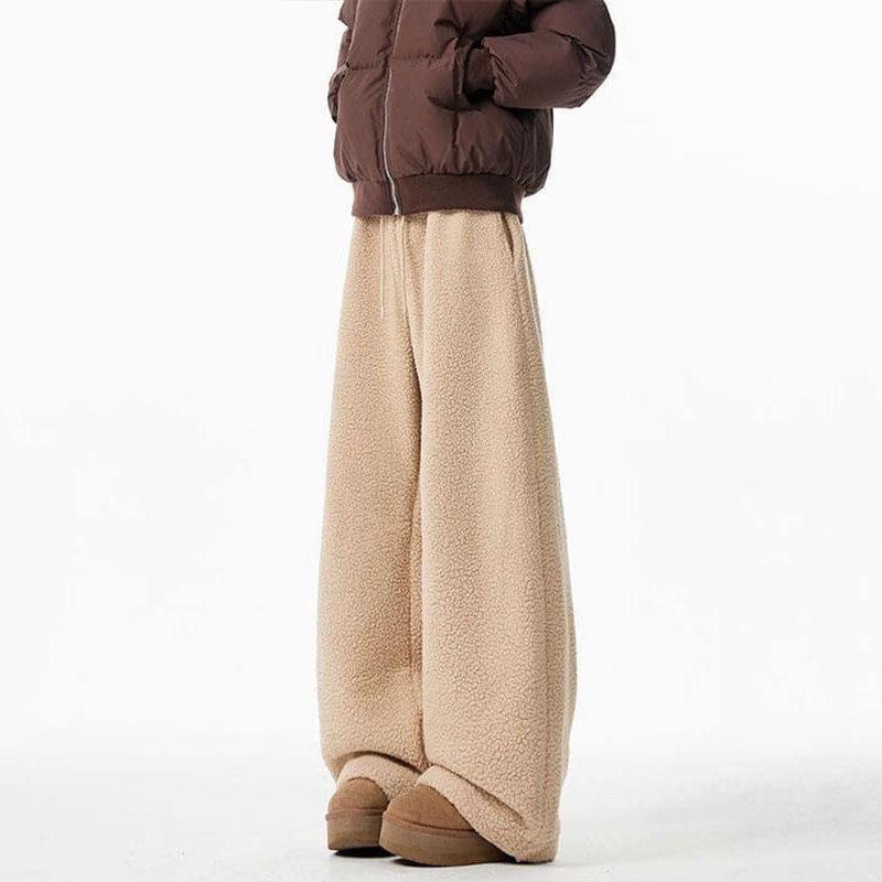 High Rise Plain Fleece Wide Leg Sweatpants Product Image