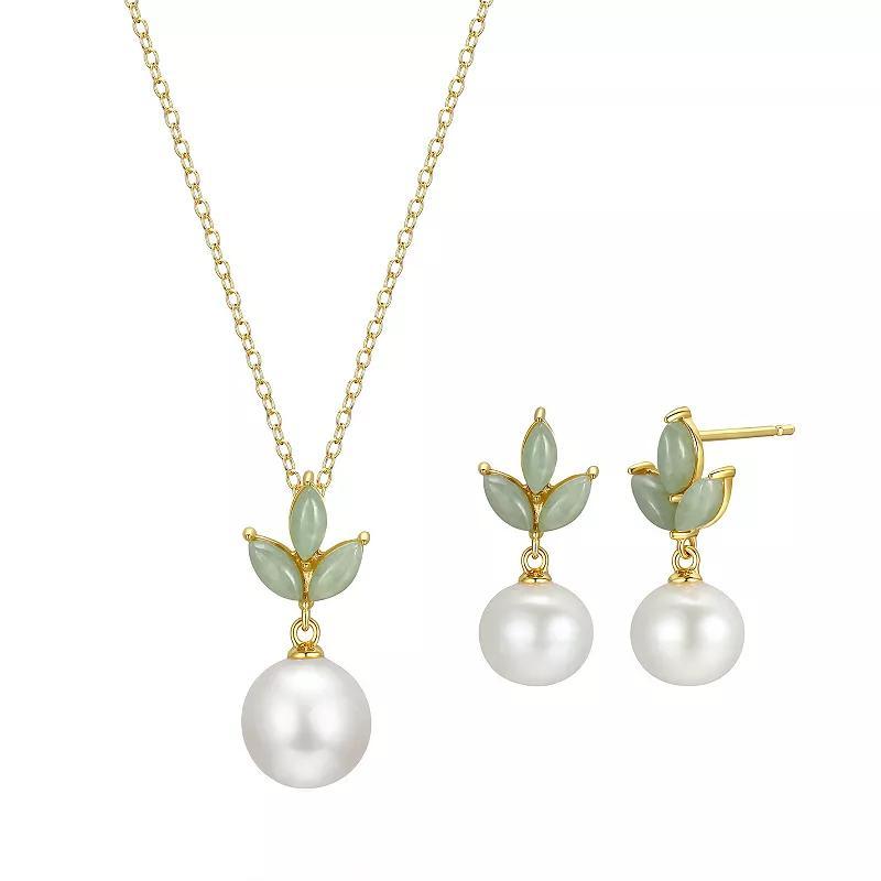 18K Gold Plated Silver Genuine Pearl and Jade Earring and Necklace Set, Womens Gold Tone Product Image