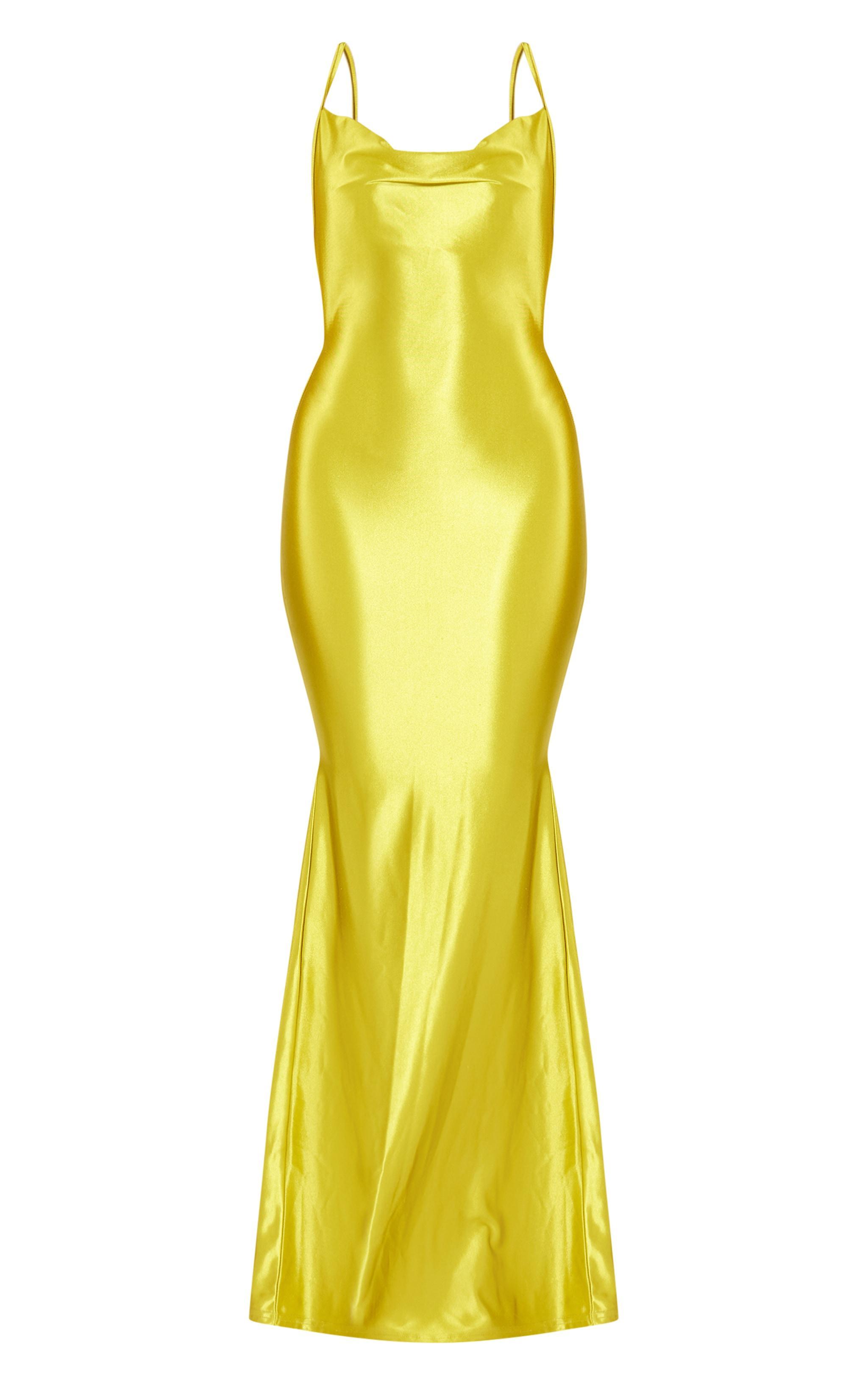 Chartreuse Stretch Satin Cowl Neck Low Back Maxi Dress Product Image