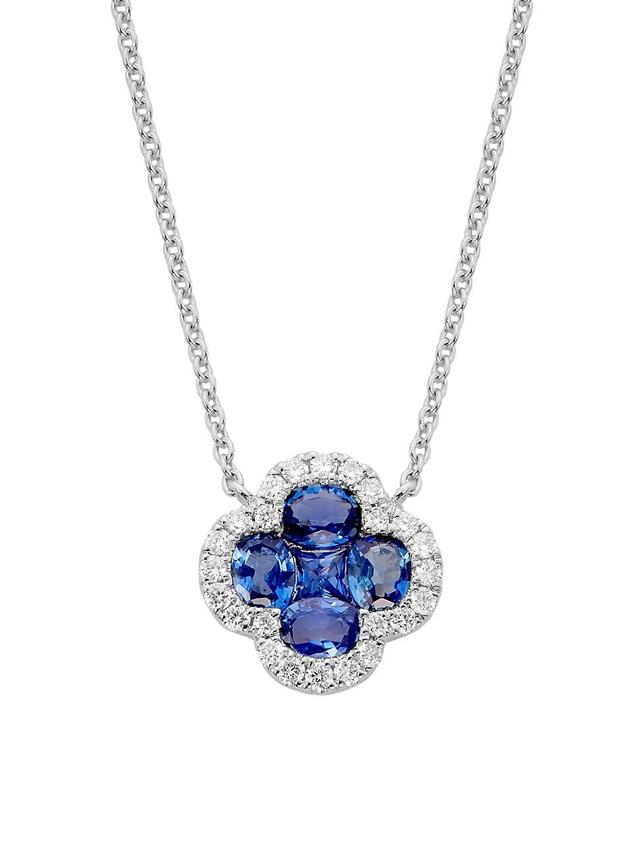 Womens 14K White Gold, Blue Sapphire & 0.16 TCW Diamond Clover Pendant Necklace Product Image