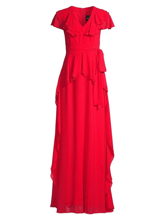 Womens V-Neck Ruffle A-Line Gown Product Image