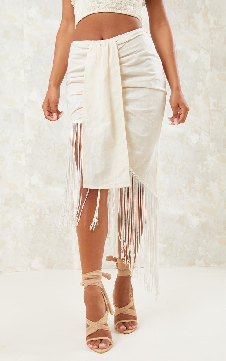 Cream Linen Feel Fringe Asymmetric Skirt Product Image