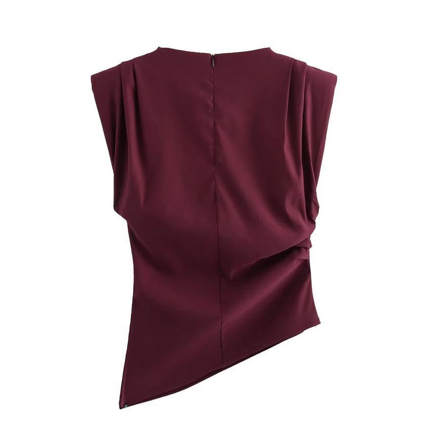 Sleeveless Mock Neck Plain Asymmetrical Ruched Top Product Image