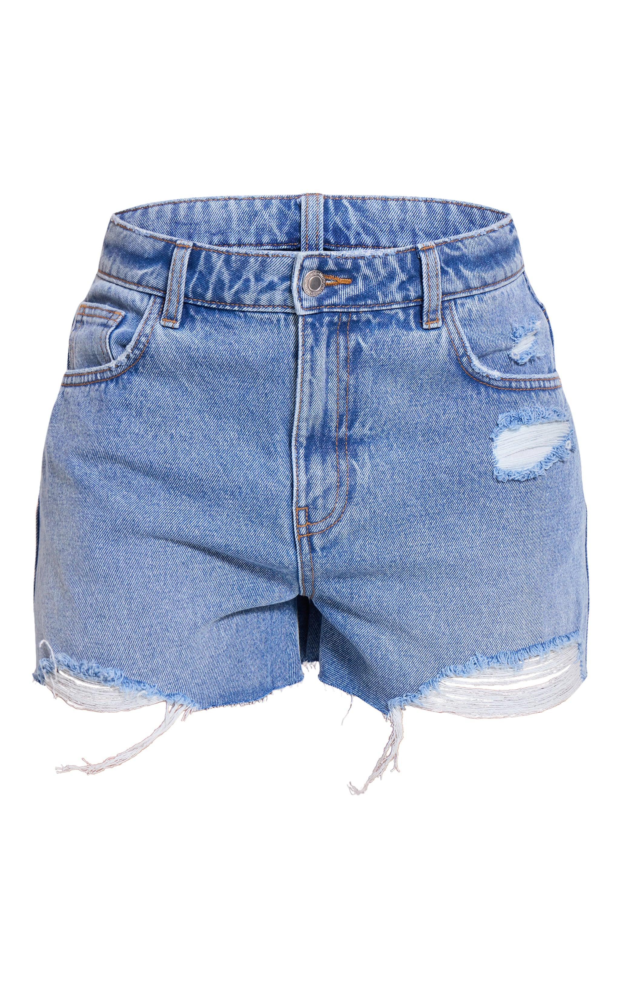 PRETTYLITTLETHING Mid Blue Wash Distressed High Rise Mom Denim Shorts Product Image