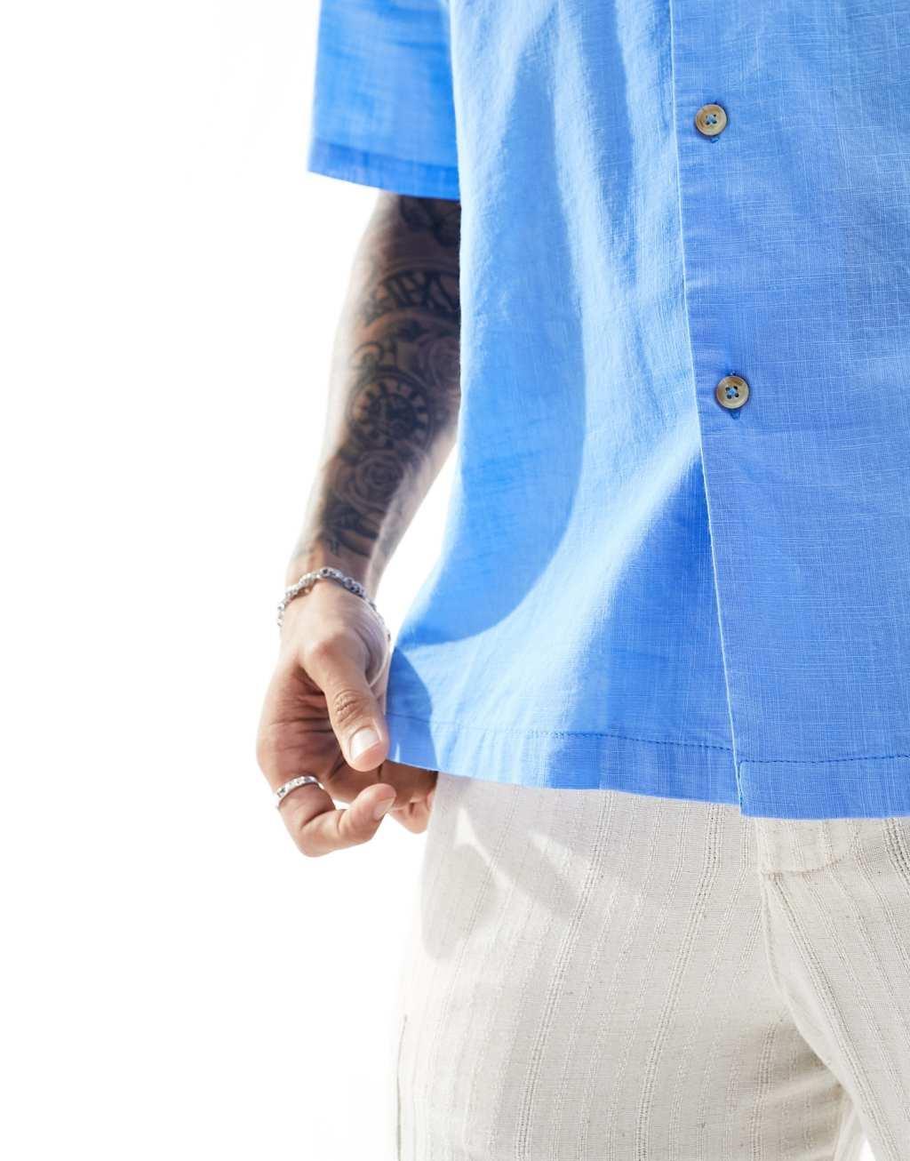 ASOS DESIGN short sleeve relaxed camp collar linen look shirt in mid blue Product Image