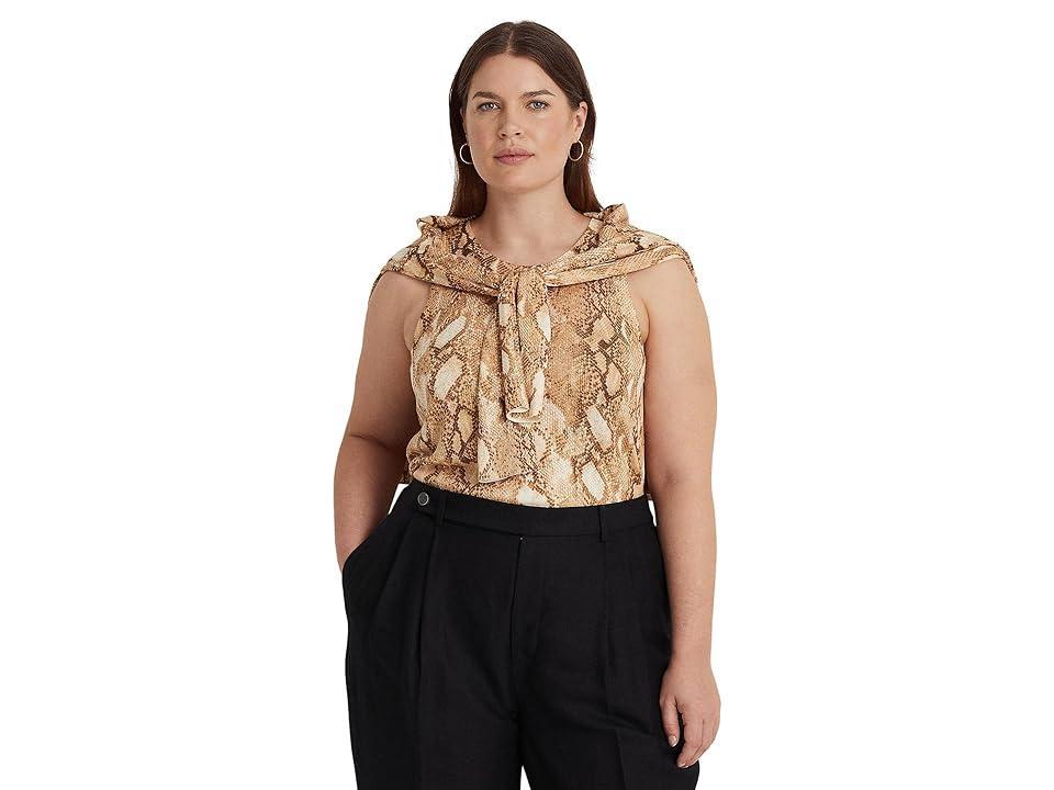 LAUREN Ralph Lauren Plus Size Snakeskin Print Cotton-Blend Tank Top (Cream Multi) Women's Clothing Product Image