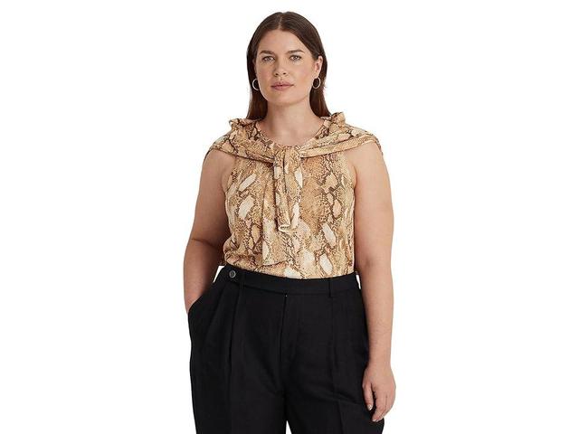 Lauren Ralph Lauren Plus Size Snakeskin Print Cotton-Blend Tank Top (Cream ) Women's Clothing Product Image