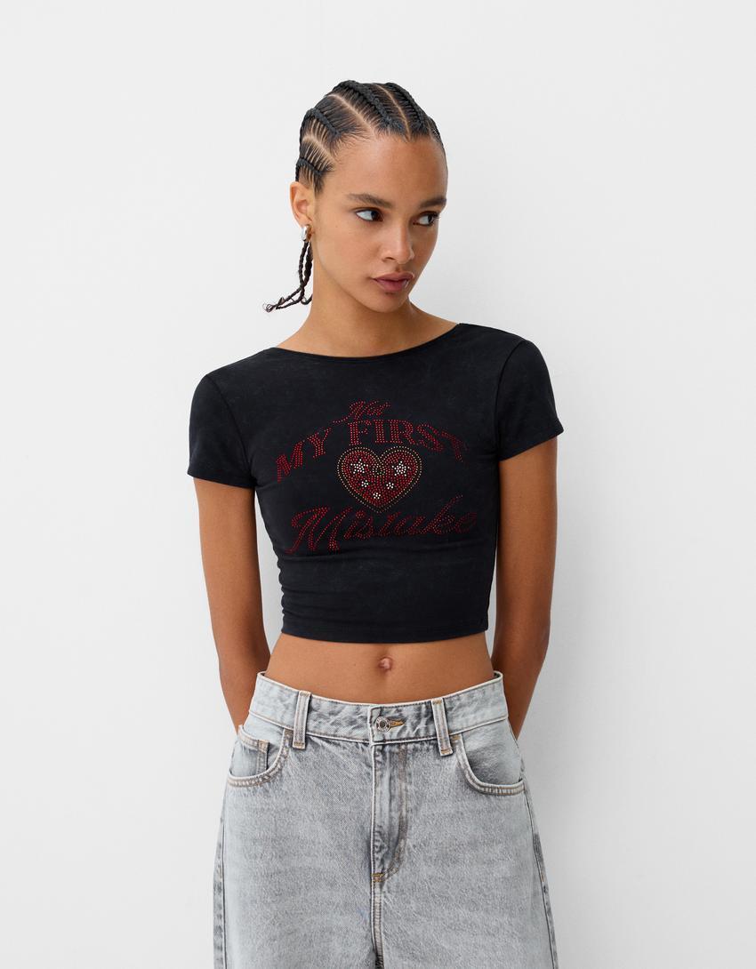 Open back T-shirt with rhinestones Product Image