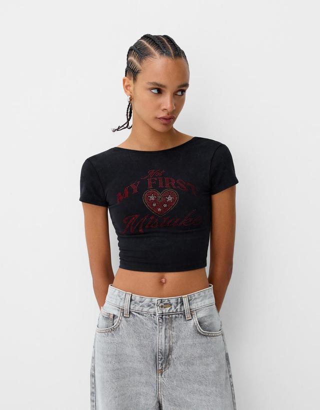 Open back T-shirt with rhinestones Product Image