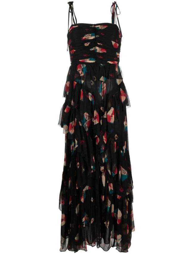 Aveline Printed Ruffled Silk Dress In Black Product Image