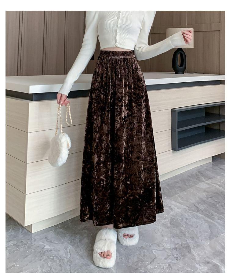 Elastic Waist Plain Velvet Maxi A-Line Skirt Product Image