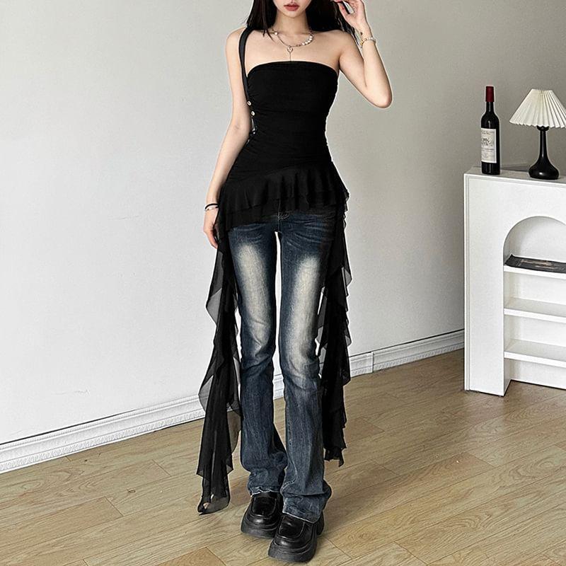 Plain Ruffle Asymmetrical Ruched Tube Top Product Image