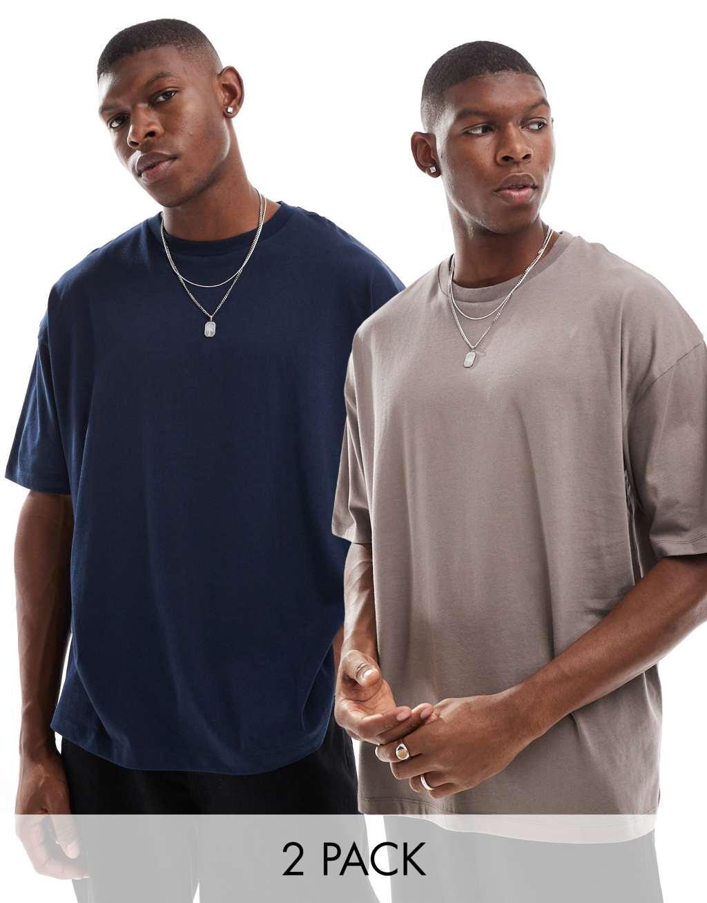 ASOS DESIGN 2 pack oversized t-shirts in brown and navy Product Image