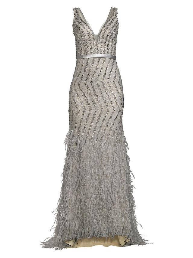 Womens Feather Embellished Plunge V-Neck Gown Product Image