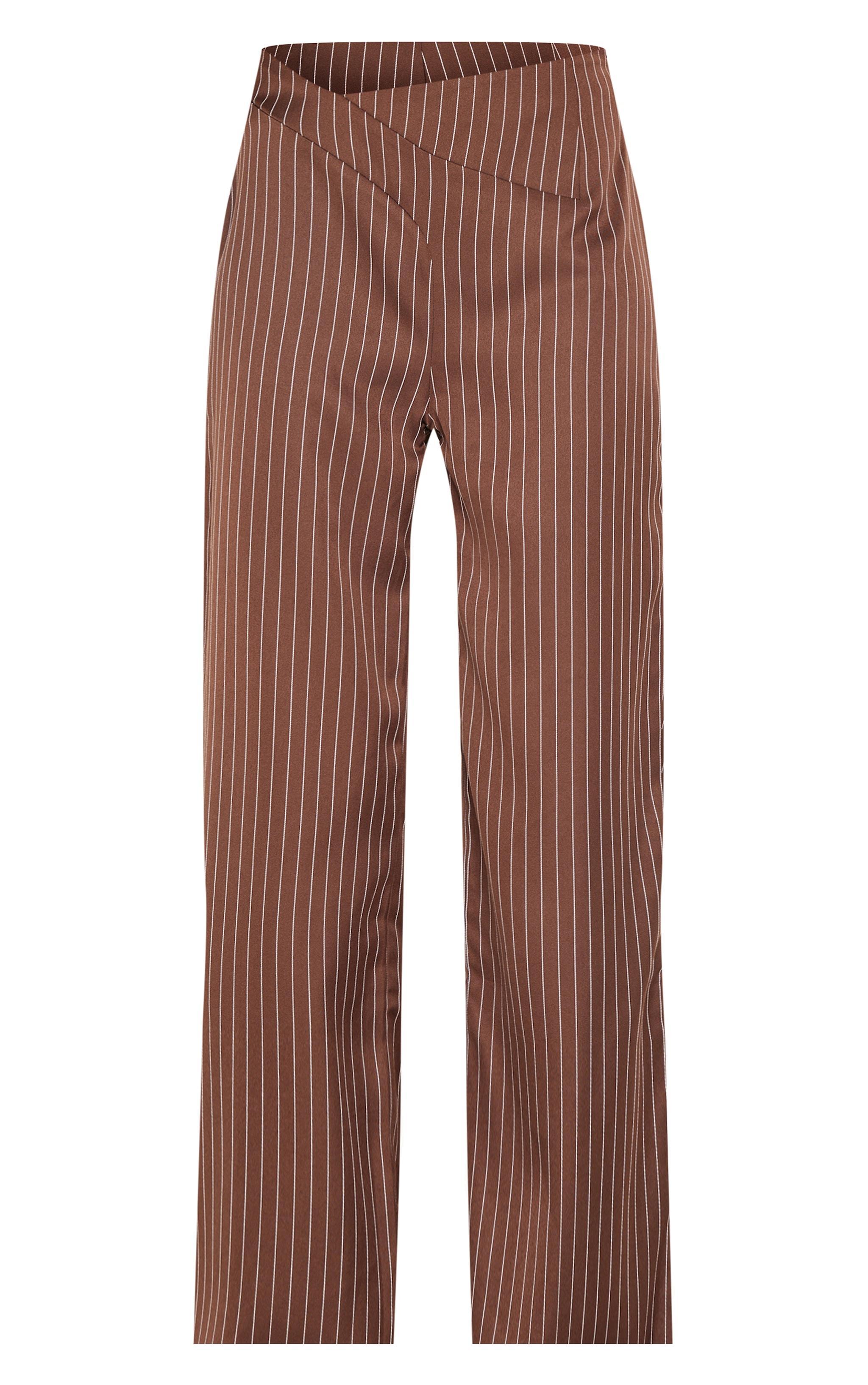 Chocolate Pinstripe Dipped Waist Straight Leg Pants Product Image