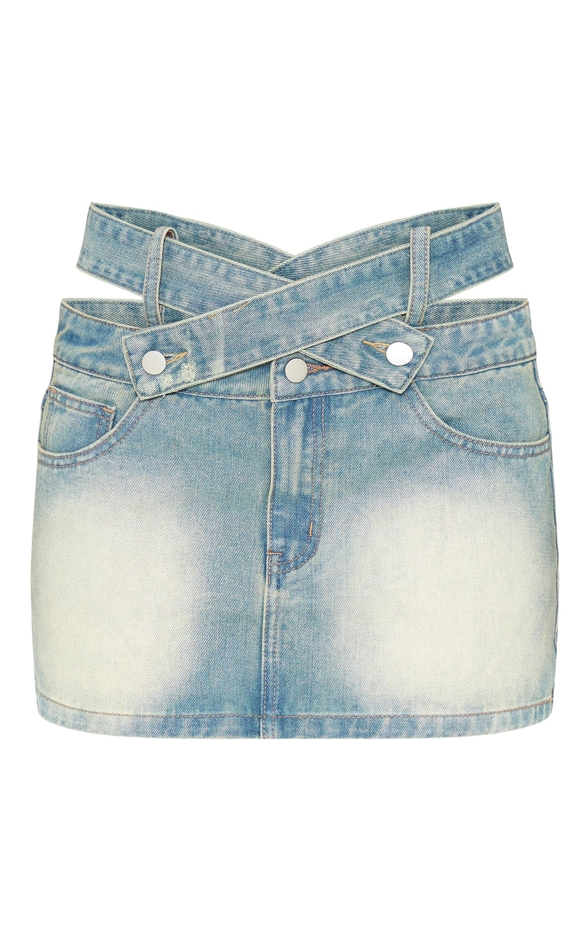 Petite Vintage Wash Low Rise Belt Detail Denim Mini Skirt Product Image