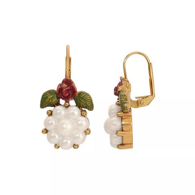 1928 Gold Tone Faux Pearl Enamel Flower Leverback Earrings, Womens, Pink Product Image