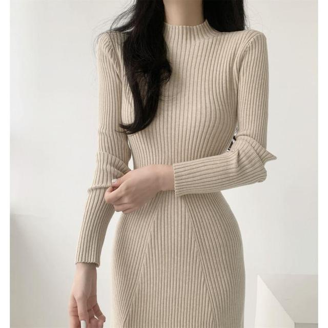 Long-Sleeve Mock Neck Knit Plain Midi A-Line Dress Product Image