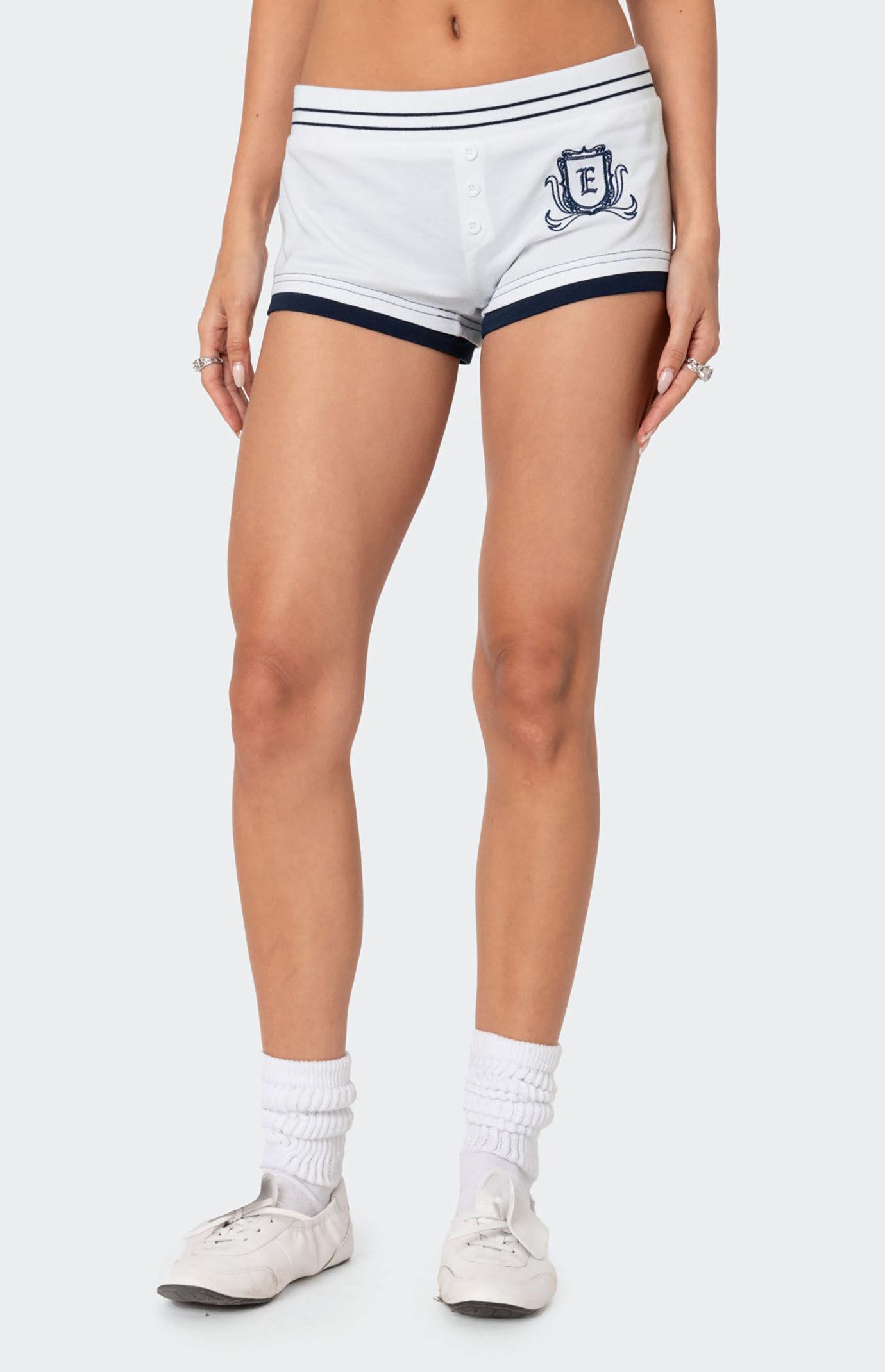 Edikted Women's Academia Boxer Brief Shorts in White/Navy - Product Image