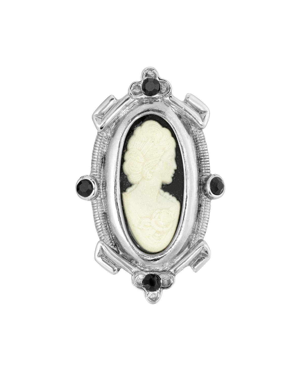 1928 Silver Tone Black & White Oval Cameo Pin, Womens Product Image