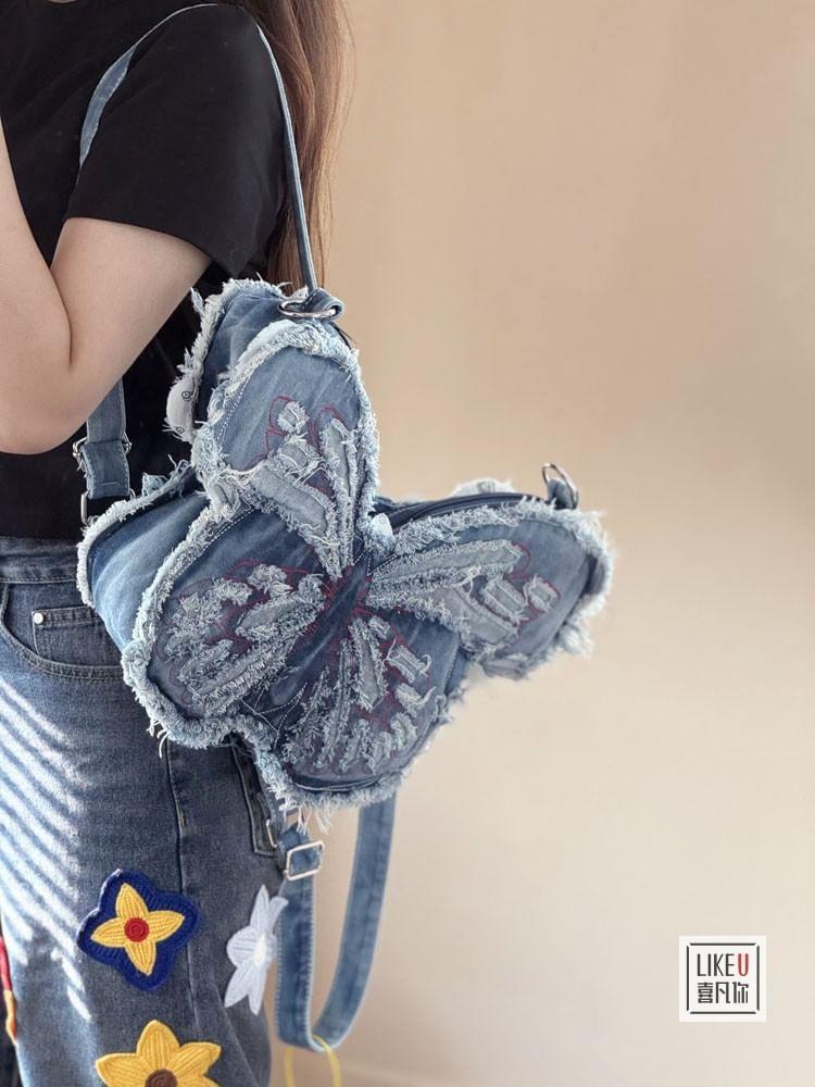 Butterfly Washed Distressed Denim Crossbody Bag Product Image