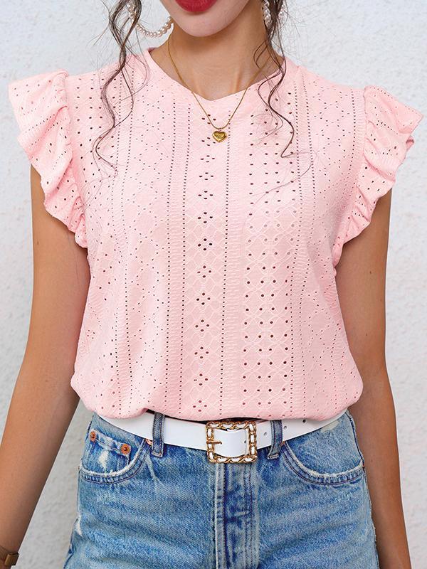 Loose Ruffle Sleeves Hollow Pleated Solid Color Split-Joint Round-Neck T-Shirts Tops product image