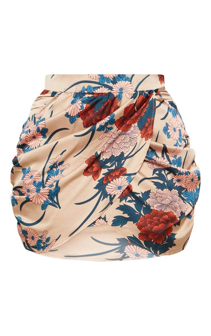 Plus Nude Satin Floral Print Gathered Mini Skirt Product Image