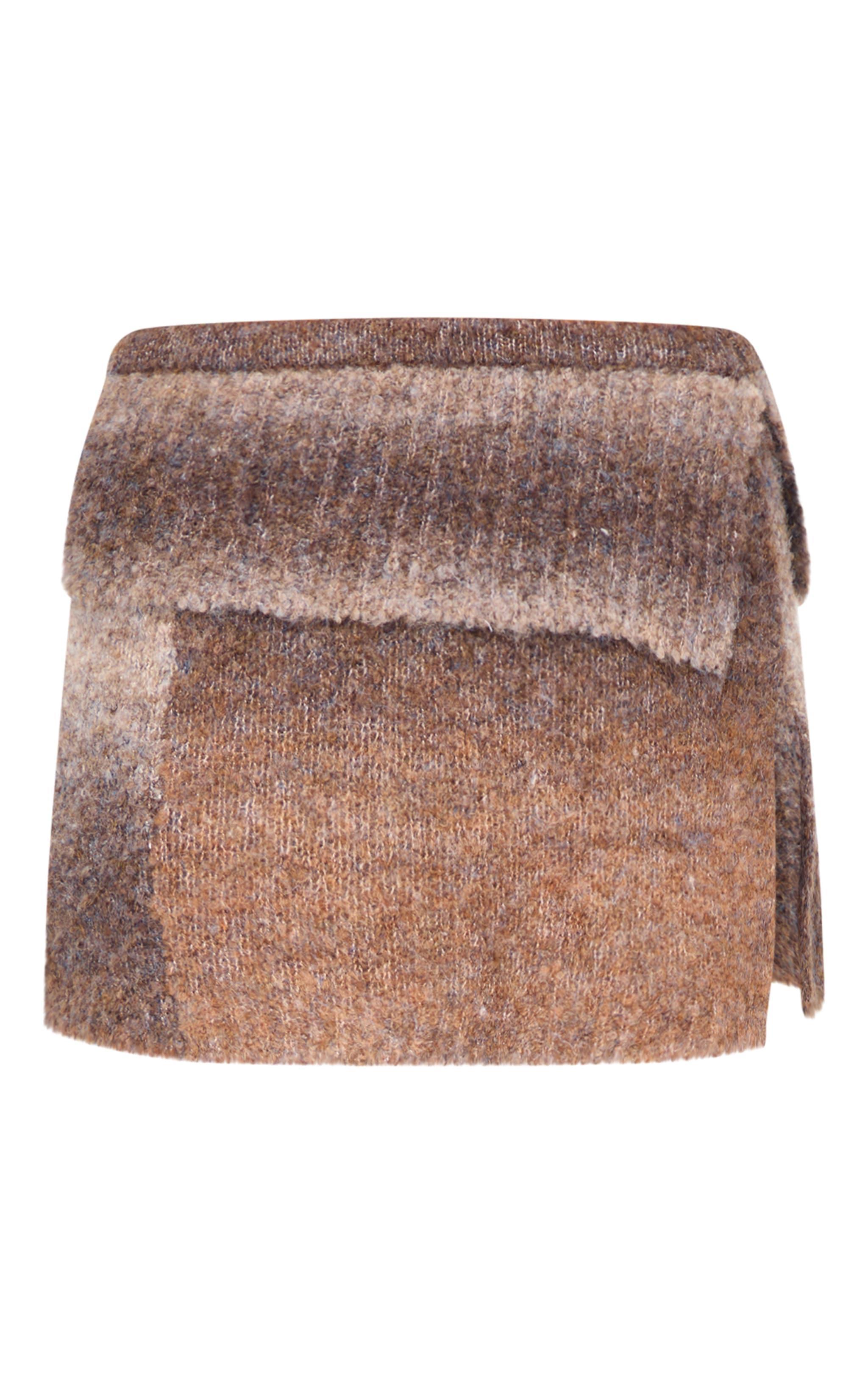 Mocha Stripe Textured Knit Fold Over Mini Skirt Product Image