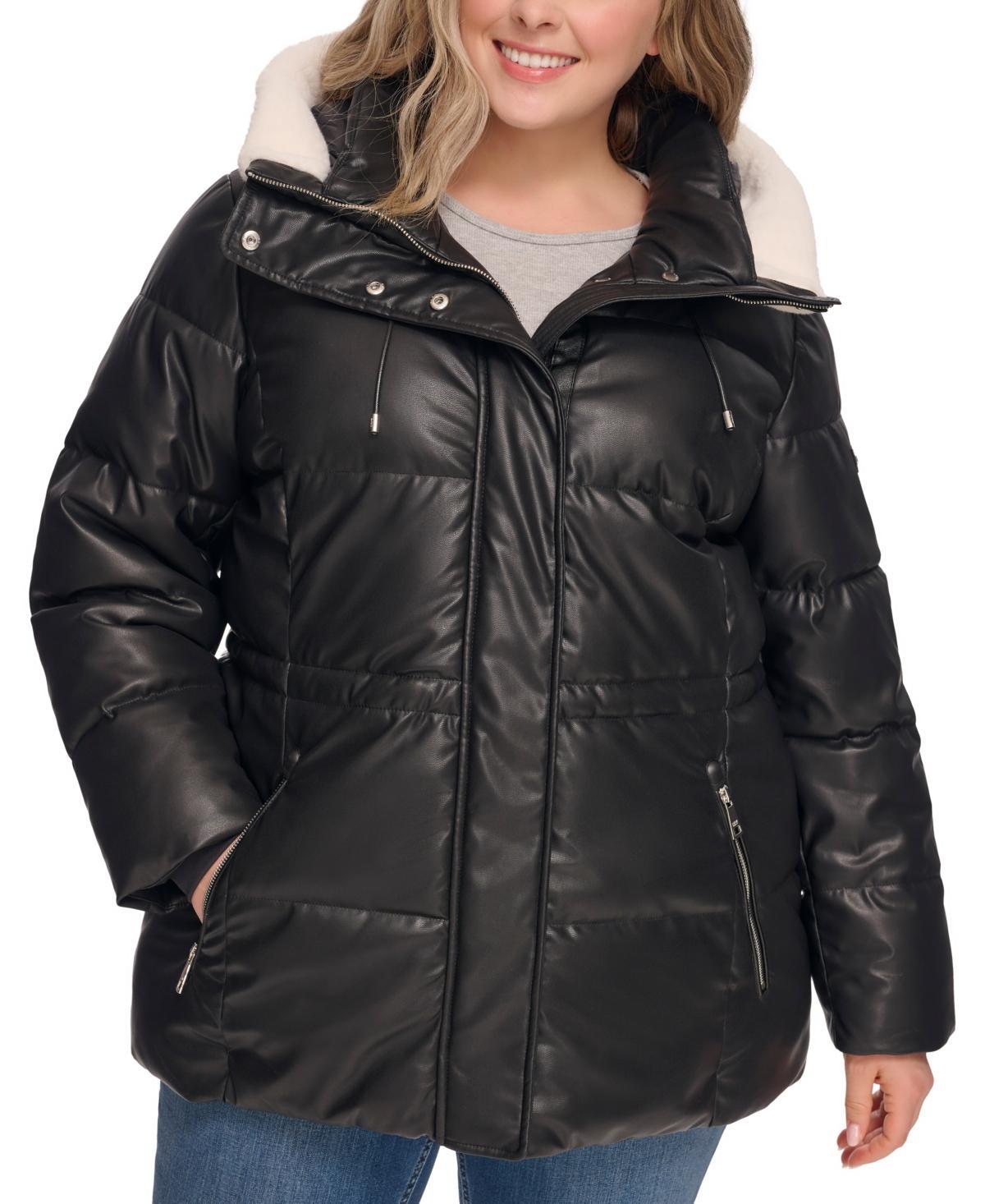 Dkny Womens Plus Size Faux-Leather Faux-Shearling Hooded Anorak Puffer Coat Product Image