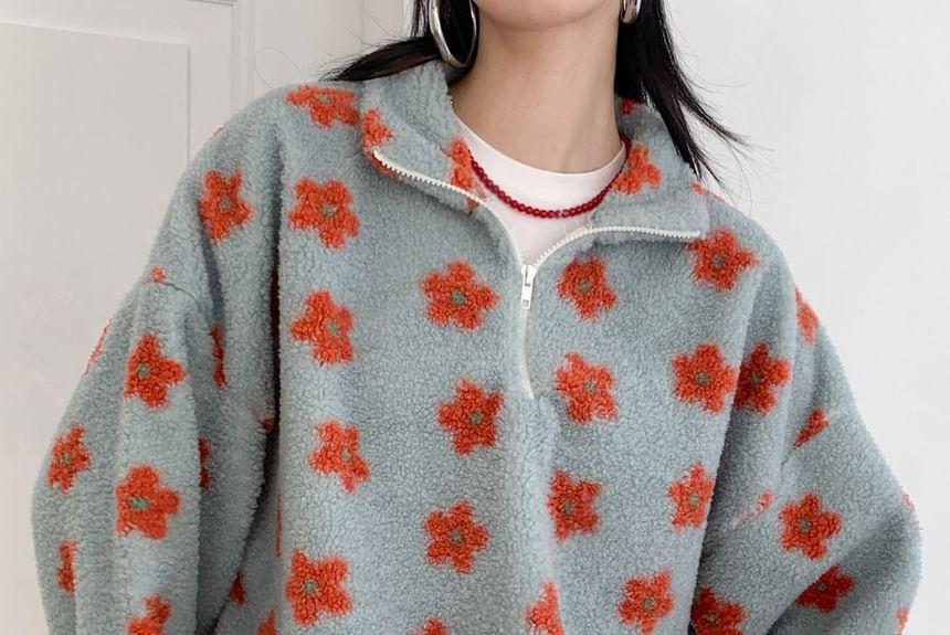 Long-Sleeve Floral Fleece Loose-Fit Sweatshirt Product Image